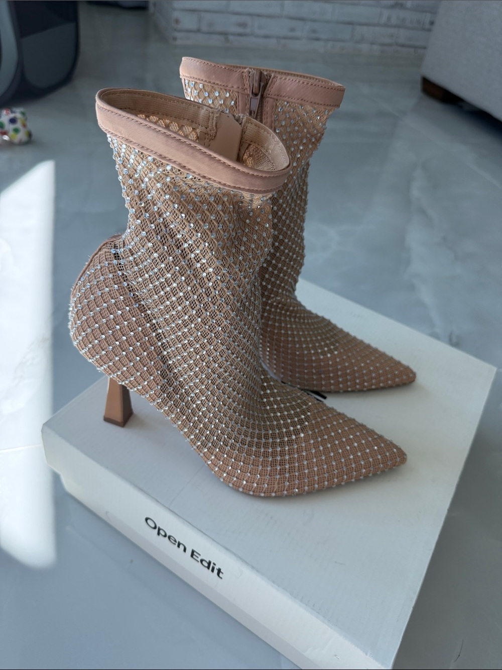 Open Edit from Nordstrom Nude Mesh Rhinestone Pointed Toe Mid-Heel Boots